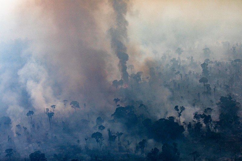 An aerial image of fire burning in a section of the Amazon rain forest