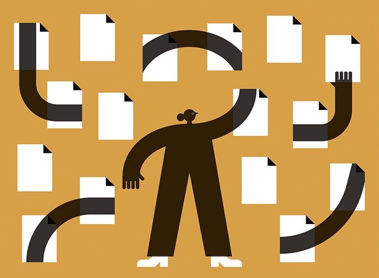 Cartoon of a human silhouette surrounded by computer icons for article files