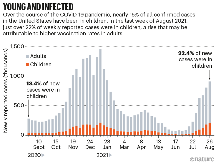 Young and infected: a graph that shows the number of newly reported COVID-19 cases per week in the US in adults and children.
