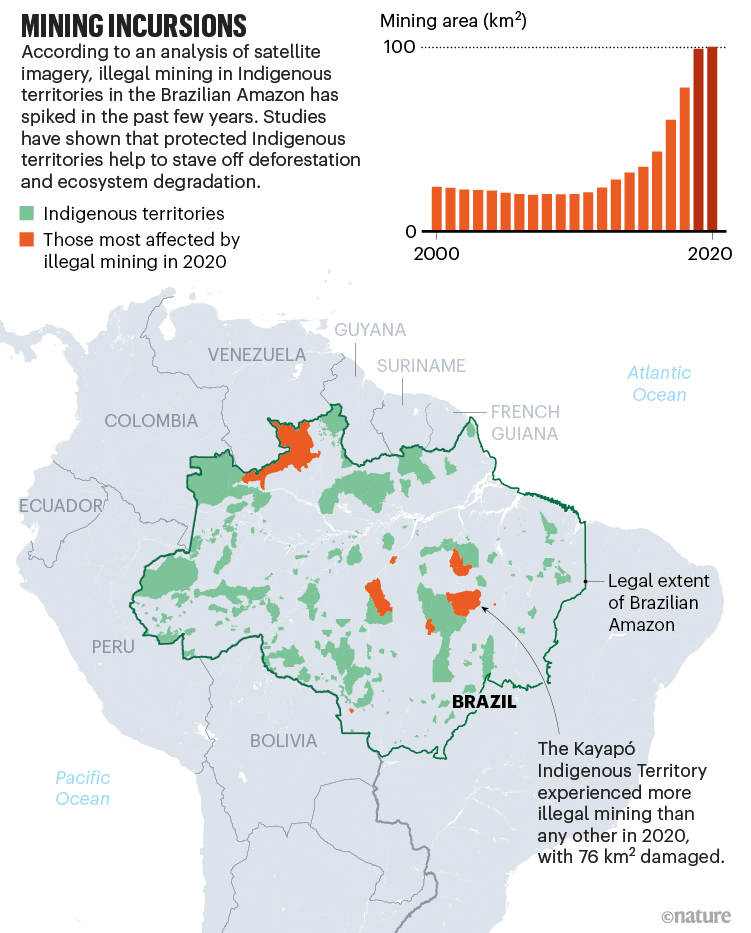 Mining incursions. Map showing indigenous territories affected by illegal mining in Brazil.