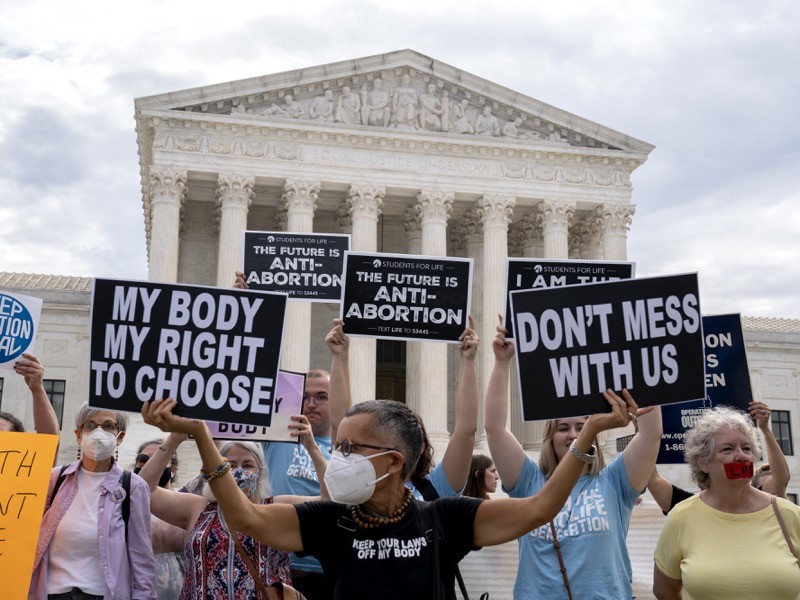 Pro-choice activists hold signs outside the US Supreme Court.