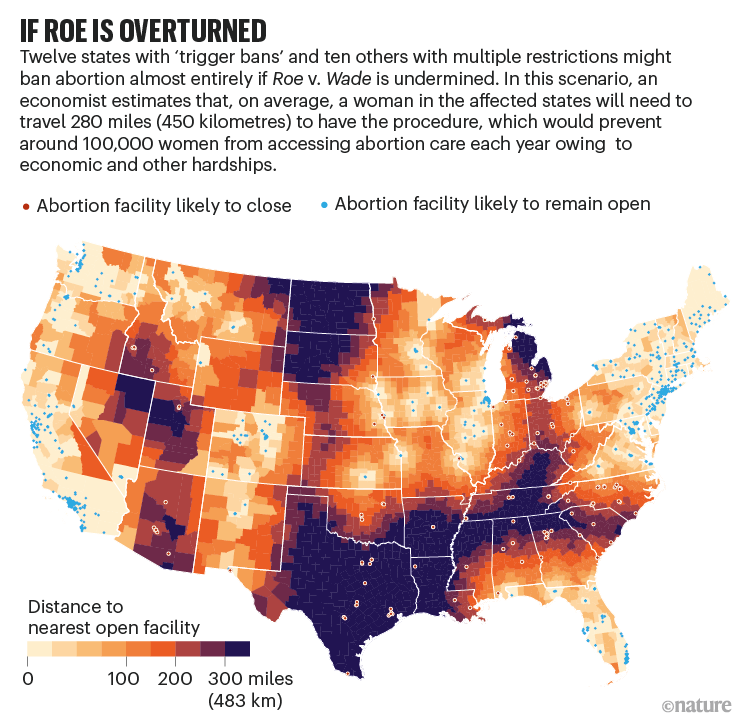 If Roe is overturned. Map of the US showing where abortion facilities are likely to close.