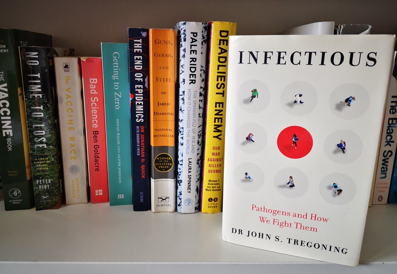 John Tregoning’s book 'Infectious' on a bookshelf