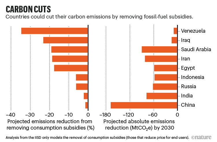 Carbon cuts. Charts showing projected emissions cuts by country.