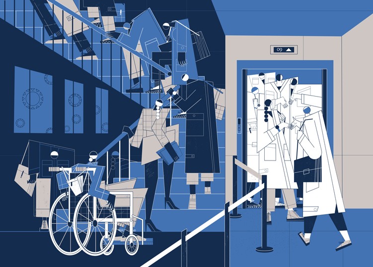 Illustration showing a scientist in a wheelchair sitting at the foot of a flight of stairs while others climb ahead