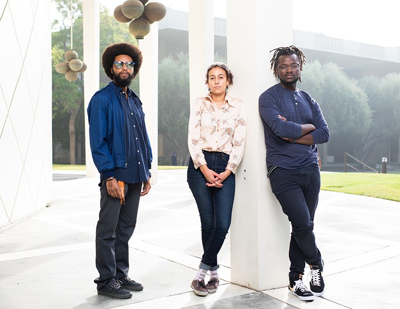 Left to right: Evan Haze Nuñez, Jean Badroos and Daniel Mukasa, BSEC members, at the Beckman Auditorium, on Caltech's campus.