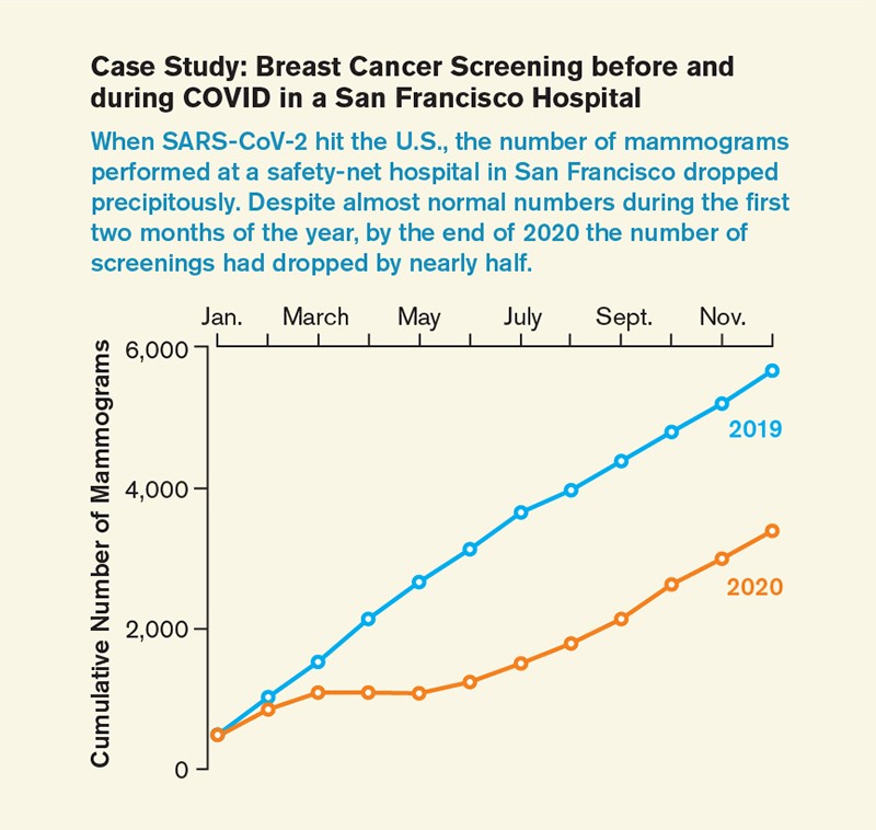 Line chart of breast cancer screenings performed each month at a San Francisco hospital in 2019 and 2020
