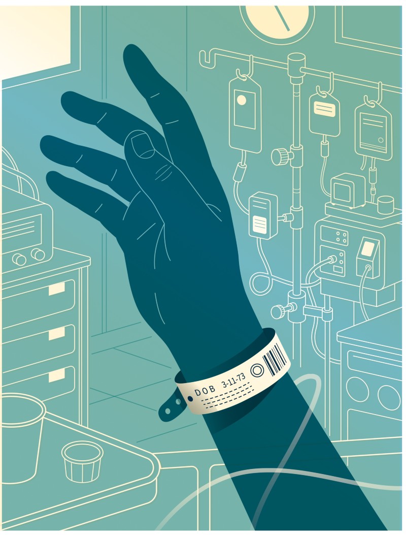 Cartoon showing a hand with a hospital ID bracelet round the wrist