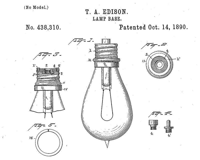 Thomas A. Edison’s Lamp Base patent for a light bulb from October 14, 1890.