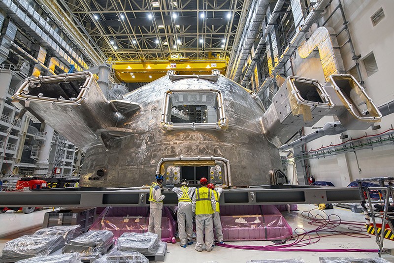 A vacuum vessel sector positioned and unwrapped in the Assembly Hall at the ITER