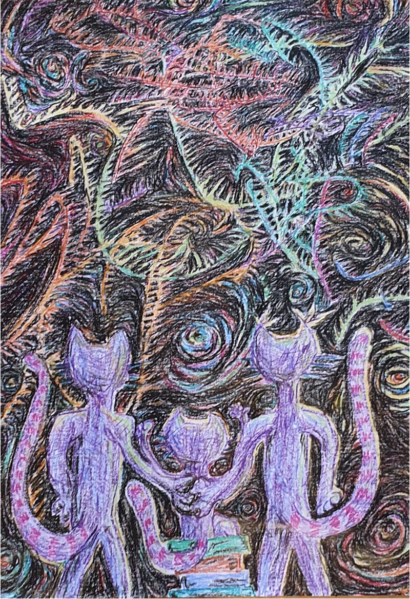 A father and child's drawing of a family of purple beings on black paper with an abstract sky.