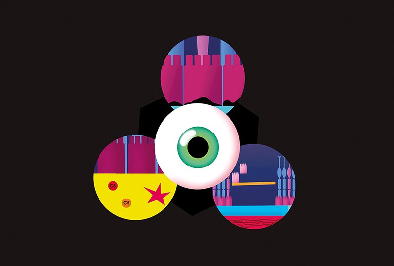 Illustration of an eyeball sitting above some circular snapshots of graphics relating to the eye