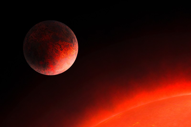 Konsep artis tentang planet ekstrasurya GJ 367b yang mengorbit bintangnya, keduanya bersinar merah di mana mereka saling terpapar.