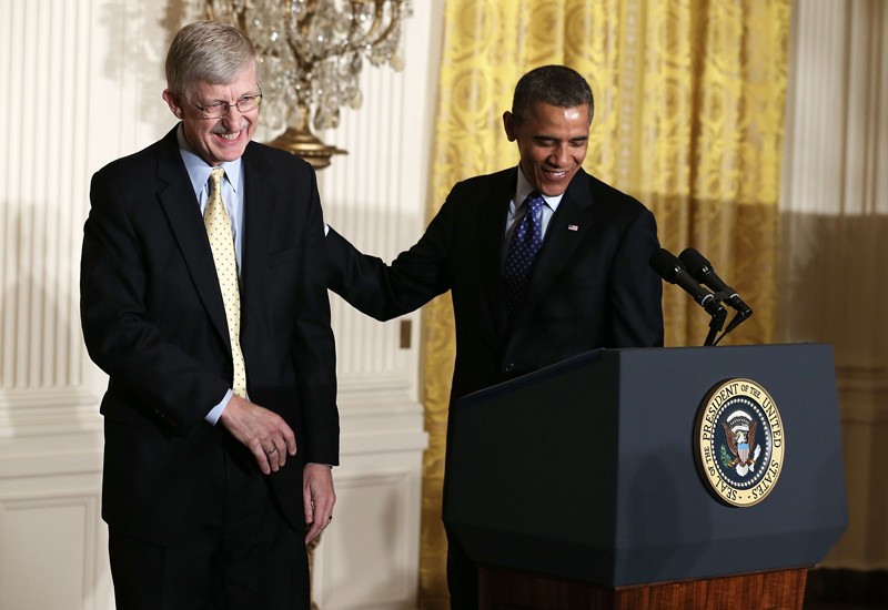 Francis Collins and Barack Obama share a moment during the announcement of the BRAIN Initiative