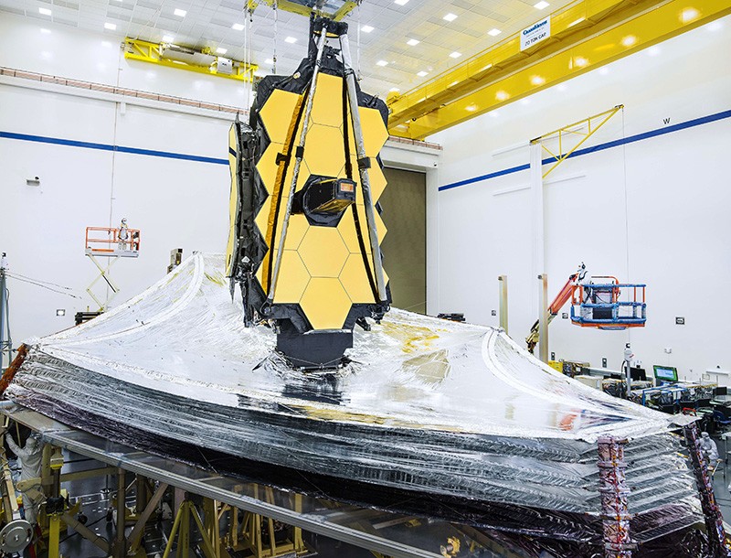 NASA’s James Webb Space Telescope with its 5-layer sunshields open for deployment testing.