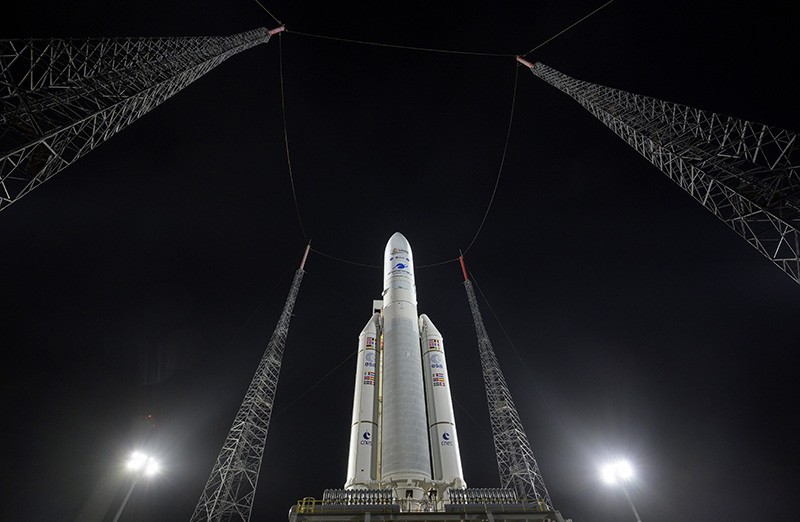 The Ariane 5 rocket with NASA’s James Webb Space Telescope onboard, at the launch pad.