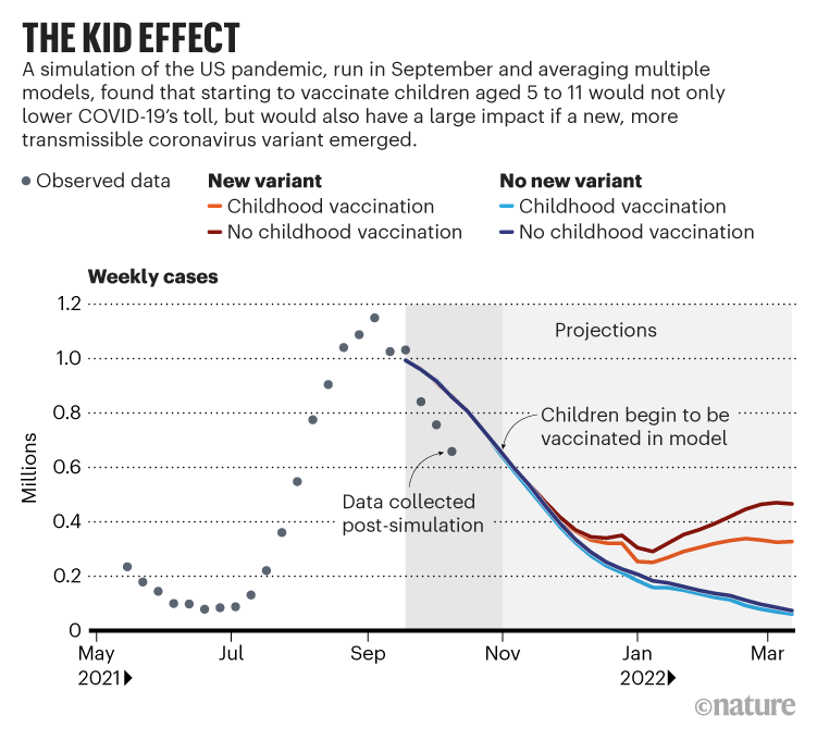 The kid effect: A simulation of the effect of vaccinating US children aged 5 to 11 against COVID-19 in early November 2021.