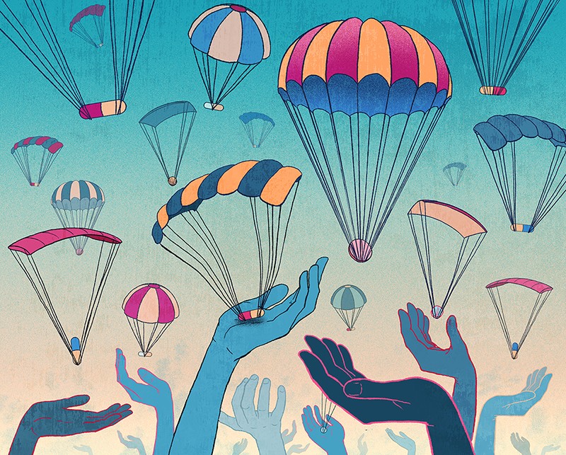 Illustration of drugs held by parachutes falling down into waiting outstretched hands