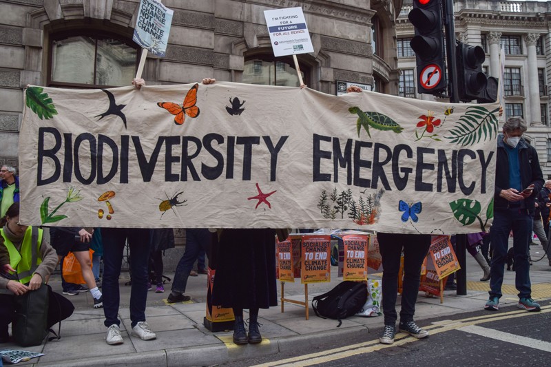 Protesters hold a 'Biodiversity Emergency' banner during the demonstration outside the Bank of England