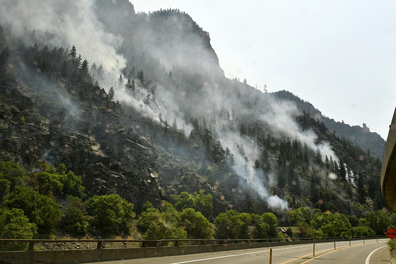 The Grizzly Creek Fire burns down hillsides along I-70 in Glenwood Canyon, Colorado on 17 August 2020