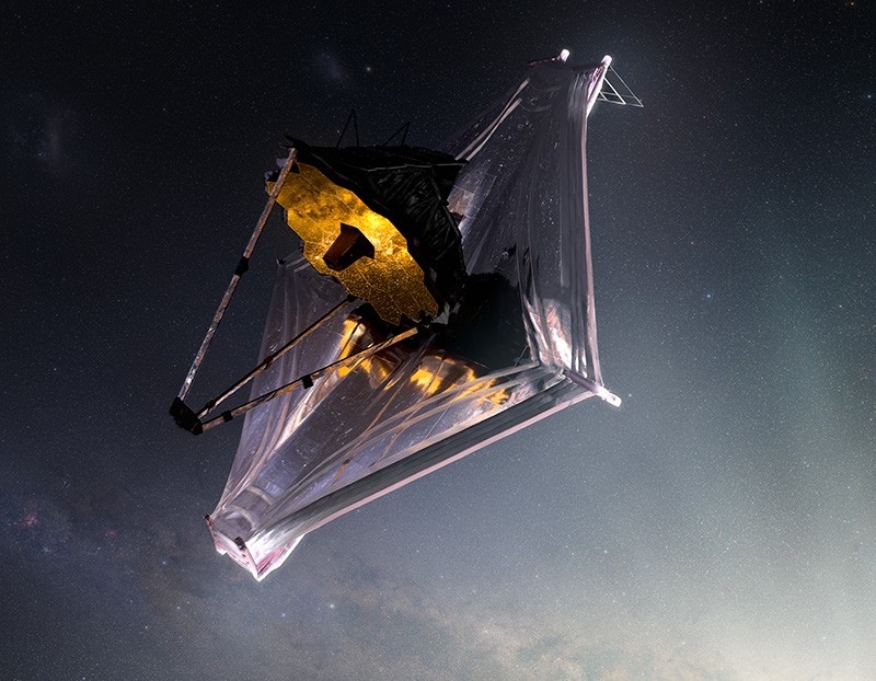Artist conception of the James Webb Space Telescope in space and fully deployed.