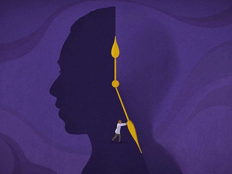 Cartoon of a small figure tries to push back the hands of a clock superimposed on the head of a larger human