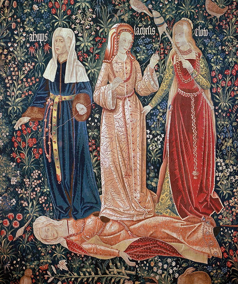 Sixteenthe century tapestry showing the Three Fates Klotho, Lachesis and Atropos standing over Chastity