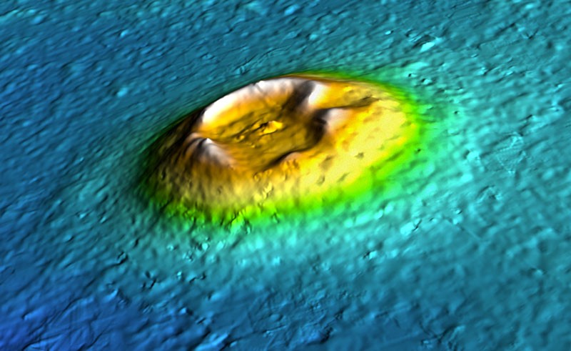 This is an image generated from a digital elevation model derived from stereo views of a Martian volcano.