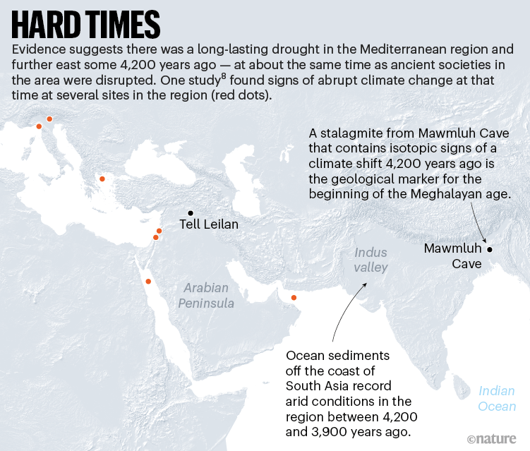 Hard times. Map showing the locations of sites where evidence of climate change was found.