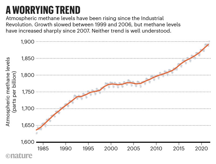 A worrying trend: Line chart showing the rise in atmospheric methane levels since 1985.