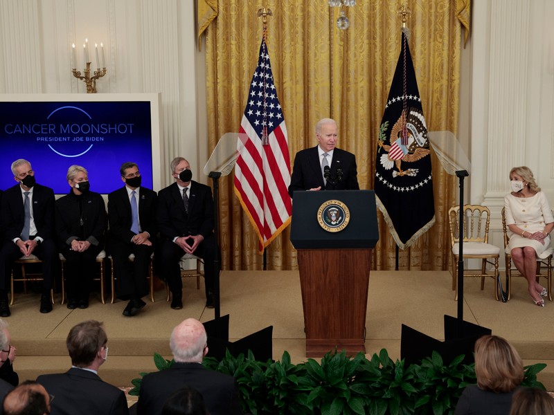 President Joe Biden gives remarks during a Cancer Moonshot initiative event in the East Room of the White House.