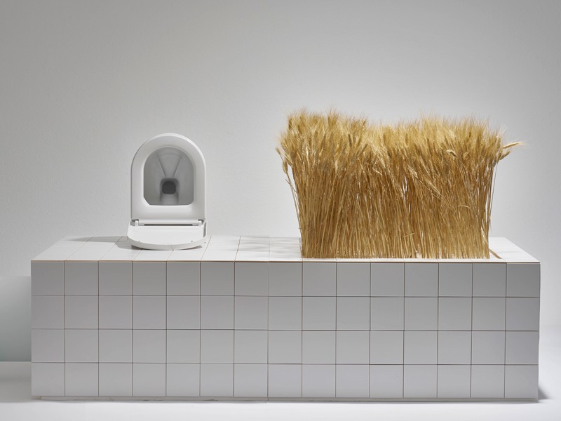 Šlapimo nukreipimo tualeto įrengimas 2019 m. trienalėje, Milane.