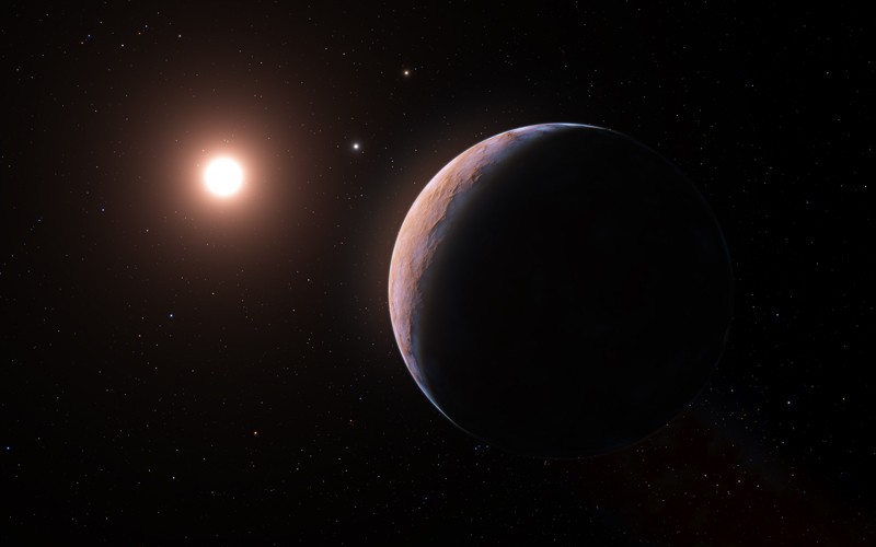 An artist’s impression showing Proxima d orbiting the red dwarf star Proxima Centauri
