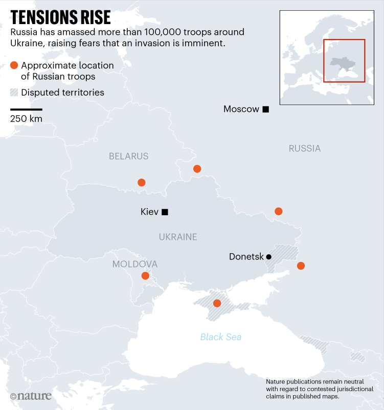 TENSIONS RISE. Map showing approximate positions of more than 100,000 Russian troops around Ukrainian border.