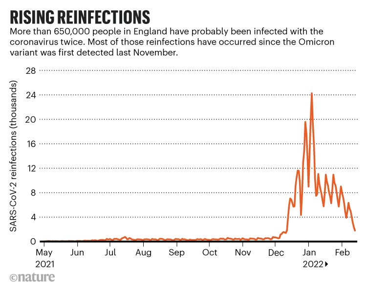 Rising reinfections: Line chart showing SARS-CoV-2 reinfections in England since May 2021.