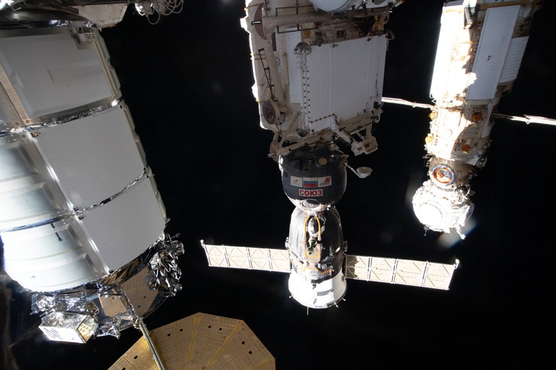 View of different modules of the international Space Station including the Soyuz MS-19 crew crew ship