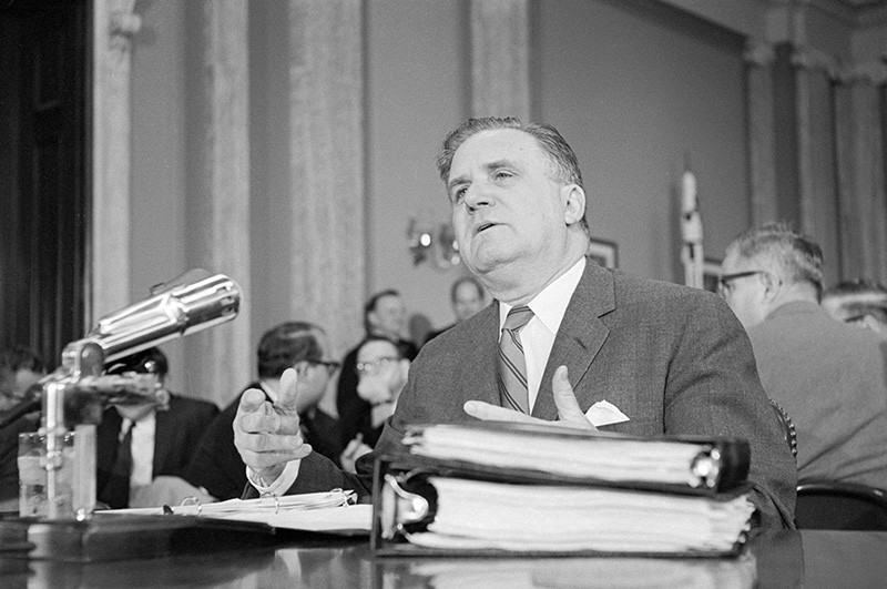 Space Administrator James E. Webb appears before the Senate Space Committee.