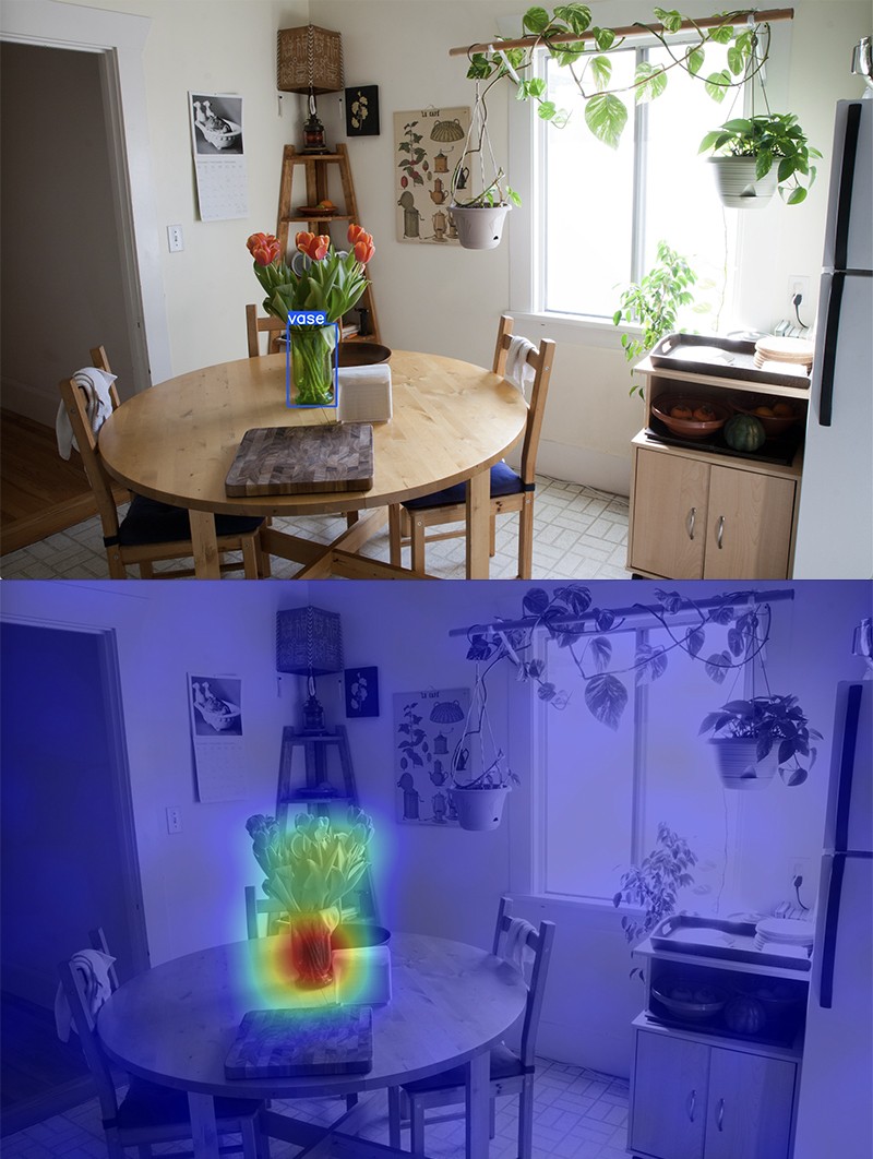 Two images of a dining room table with a vase of flowers on it. In the second the vase is highlighted in red