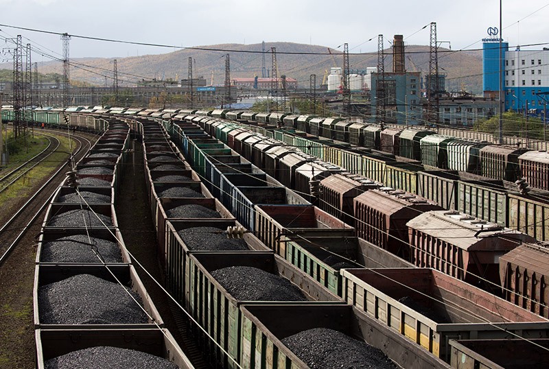 Freight wagons filled with coal line the railways tracks at the Port of Murmansk, in Murmansk, Russia.