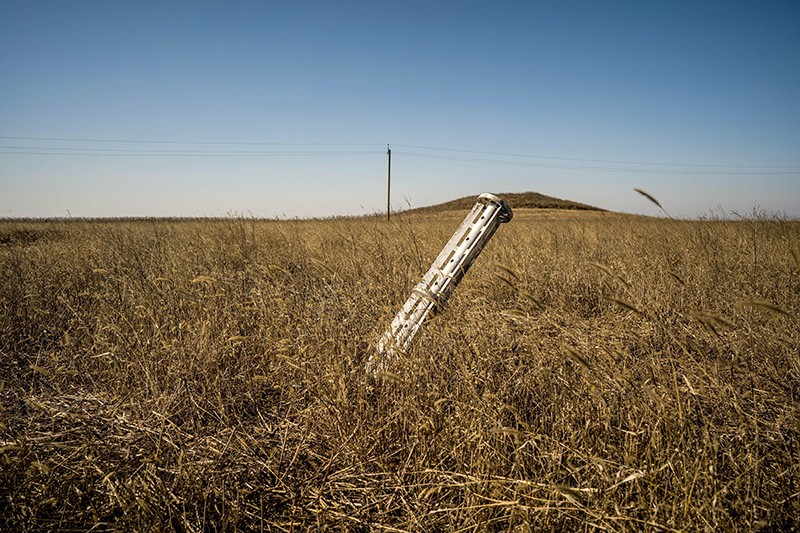 An unexploded missile stuck in the ground in a wheat field in Mykolaiv, Ukraine on 23 March 2022.
