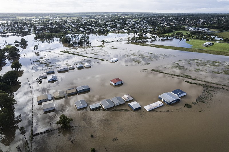 The rising Clarence River floods the town of Grafton in Northern NSW Australia on 1 March 2022.