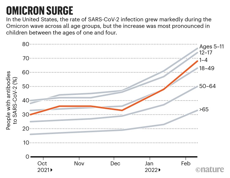 Omicron surge: Line chart showing proportion of people with antibodies to SARS-CoV-2 by age range over time.