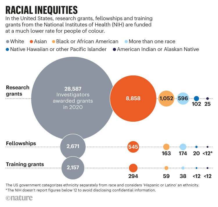 Infographic comparing NIH grants and fellowship funding by ethnicity