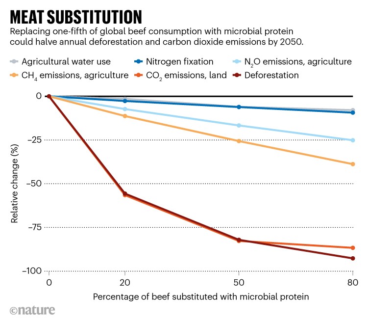 Sustitución de carne: gráfico de líneas que muestra los efectos ambientales futuros de reemplazar el consumo de carne de res con proteína microbiana.