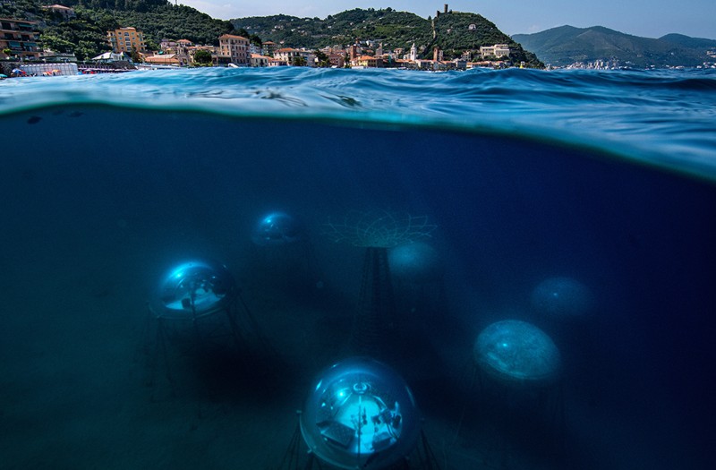 Nemo's Garden seen from the water’s surface, underwater biospheres located 40 metres off the Noli, Liguria, Italy.