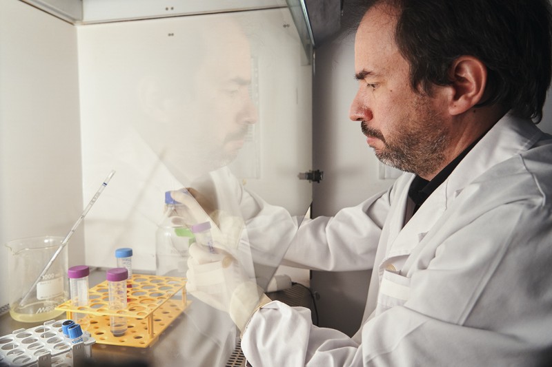 Marcelo Hill works at his laboratory in ARDAN Pharma, Uruguay.