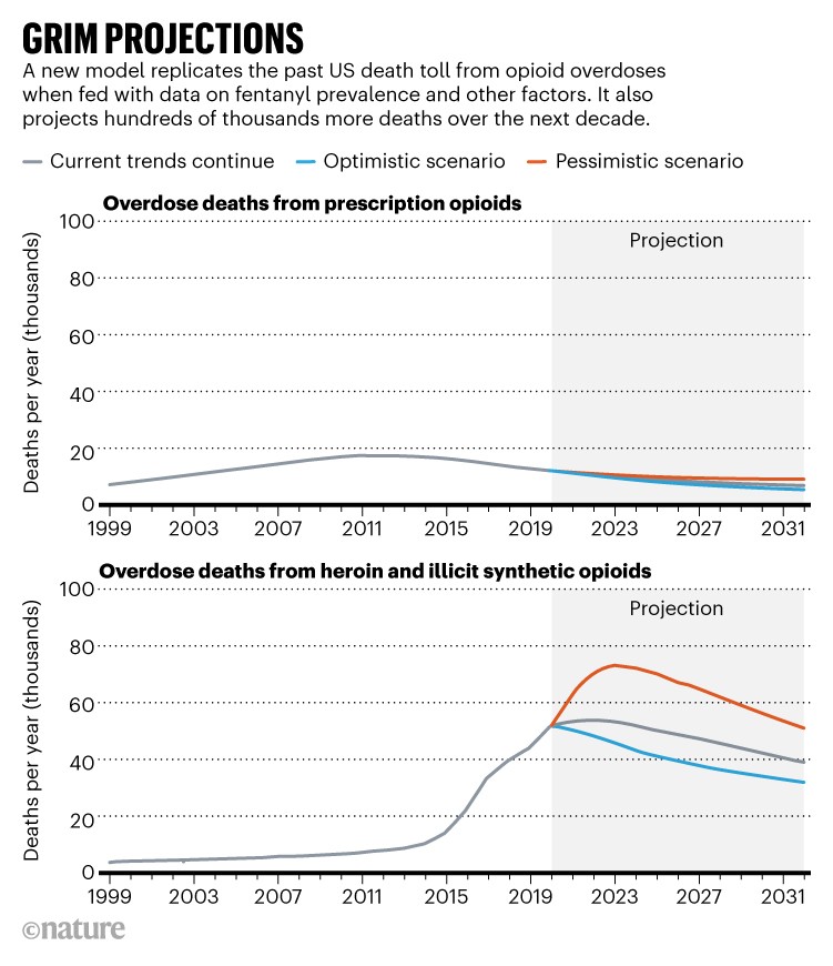 Grim projections: Projected overdose deaths from prescription opioids and from heroin and illicit synthetic opioids 2020-32.