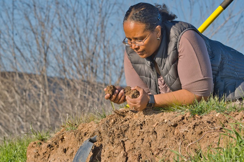Asmeret Asefaw Berhe is a soil biogeochemist and political ecologist, seen here digging and examining soil.