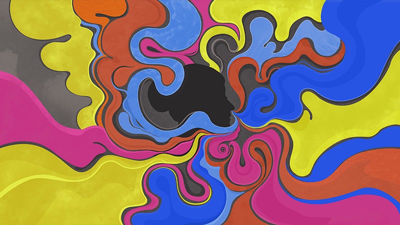 Abstract illustration showing a woman surrounded by colourful swirls of different smells.