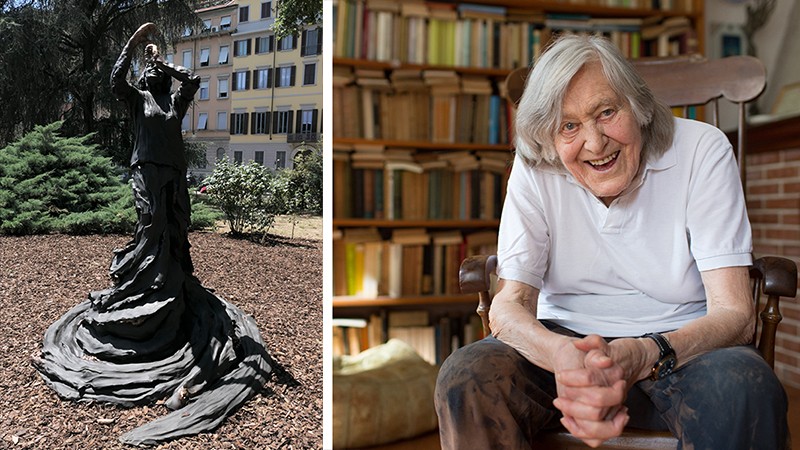 Left, a statue of Margherita Hack gazing towards the sky in Milan, Italy; right, a portrait of Margherita Hack in her home, 2012